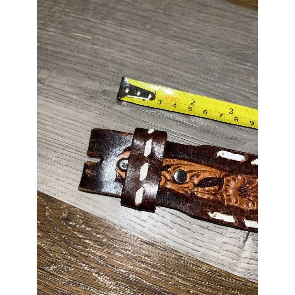 Vtg Tex-Made Tooled Leather Western Belt Size 38 Eagle Laced Snap On No Buckle
